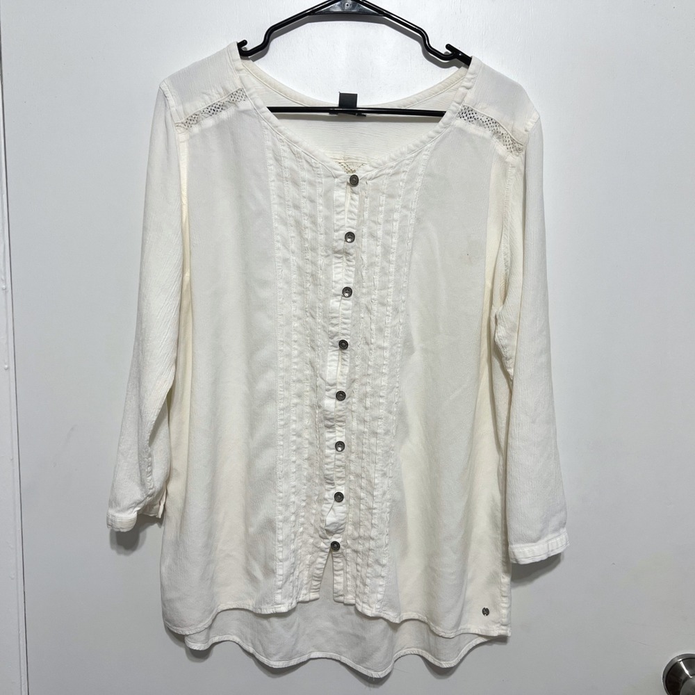 Eddie Bauer Womens 2XL White Pintuck Lace Trim Button Front Top Cottagecore Boho